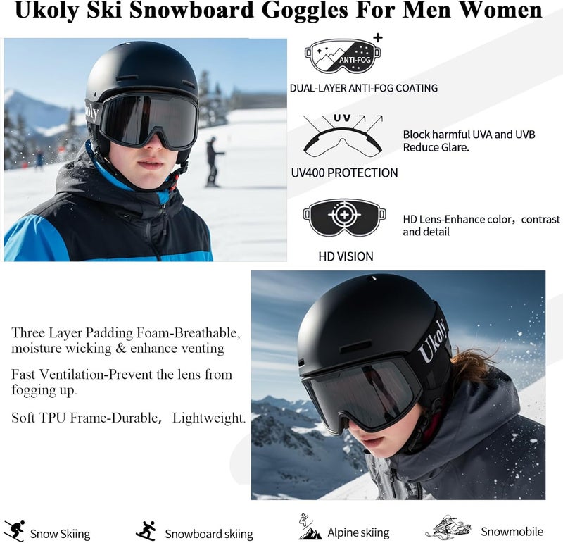 Ukoly Ski/Snowboard Goggles for Men Women, Snow Goggles HD Lens Anti-Fog Coating OTG Design UV400 Protection Windproof - Image 3